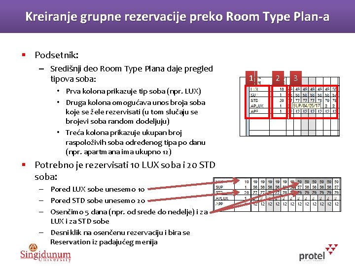 Kreiranje grupne rezervacije preko Room Type Plan-a § Podsetnik: – Središnji deo Room Type