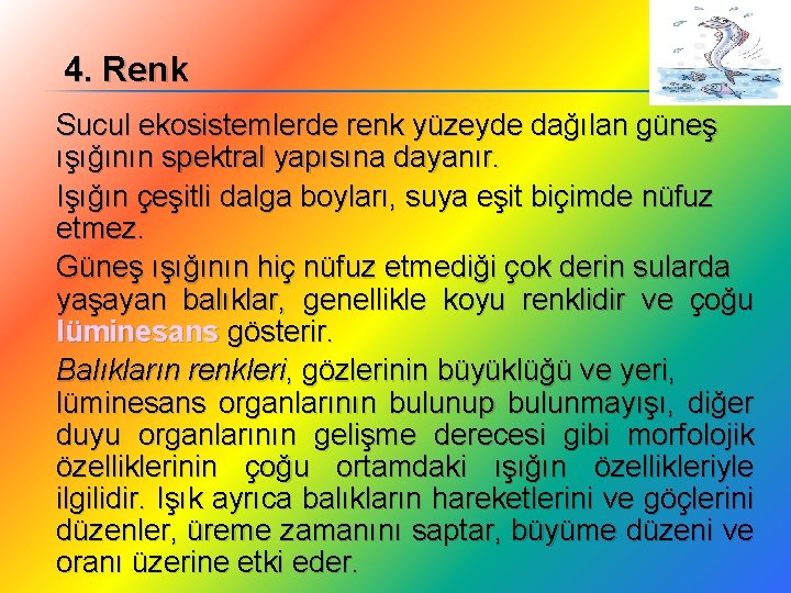 4. Renk Sucul ekosistemlerde renk yüzeyde dağılan güneş ışığının spektral yapısına dayanır. Işığın çeşitli