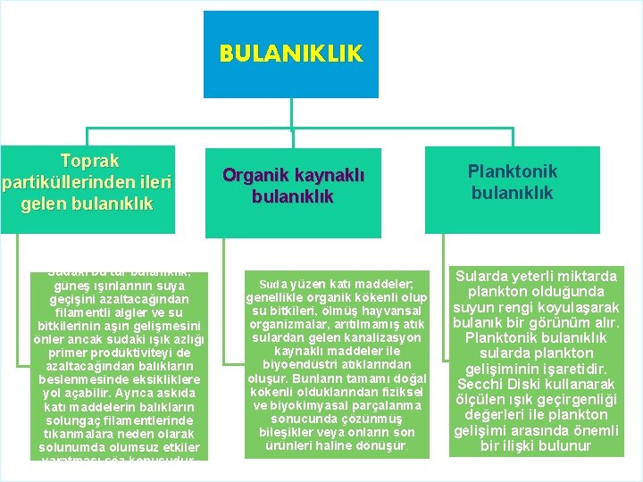 BULANIKLIK Toprak partiküllerinden ileri gelen bulanıklık Sudaki bu tür bulanıklık, güneş ışınlarının suya geçişini