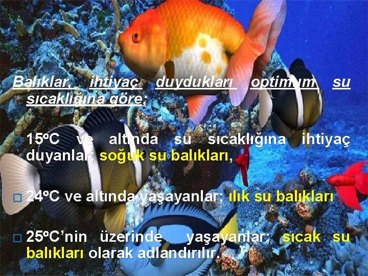 Balıklar, ihtiyaç duydukları sıcaklığına göre; optimum su � 15 C ve altında su sıcaklığına