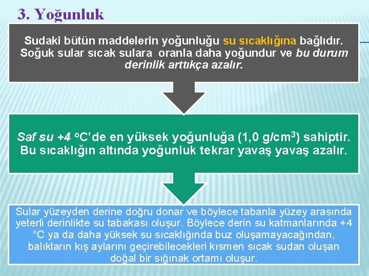 3. Yoğunluk Sudaki bütün maddelerin yoğunluğu su sıcaklığına bağlıdır. Soğuk sular sıcak sulara oranla