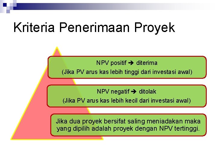 Kriteria Penerimaan Proyek NPV positif diterima (Jika PV arus kas lebih tinggi dari investasi