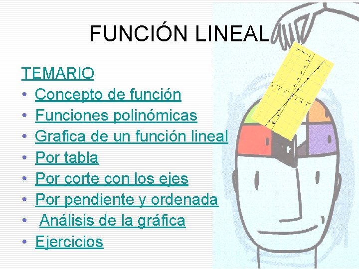 FUNCIÓN LINEAL TEMARIO • Concepto de función • Funciones polinómicas • Grafica de un