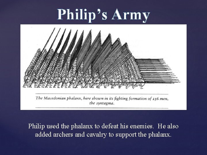 Philip’s Army Philip used the phalanx to defeat his enemies. He also added archers Philip’s Army Philip used the phalanx to defeat his enemies. He also added archers