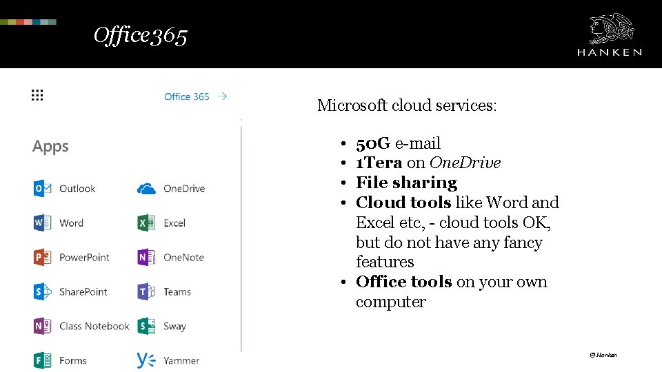 Office 365 Microsoft cloud services: • • 50 G e-mail 1 Tera on One.