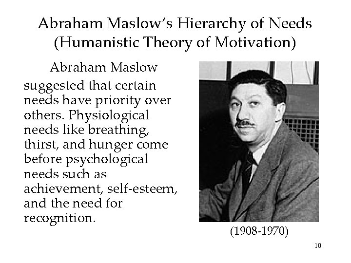 Abraham Maslow’s Hierarchy of Needs (Humanistic Theory of Motivation) Abraham Maslow suggested that certain