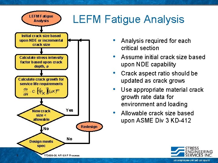 LEFM Fatigue Analysis Initial crack size based upon NDE or incremental crack size Calculate