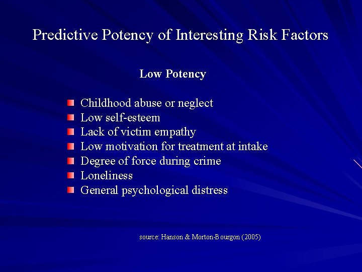 Predictive Potency of Interesting Risk Factors Low Potency Childhood abuse or neglect Low self-esteem Predictive Potency of Interesting Risk Factors Low Potency Childhood abuse or neglect Low self-esteem