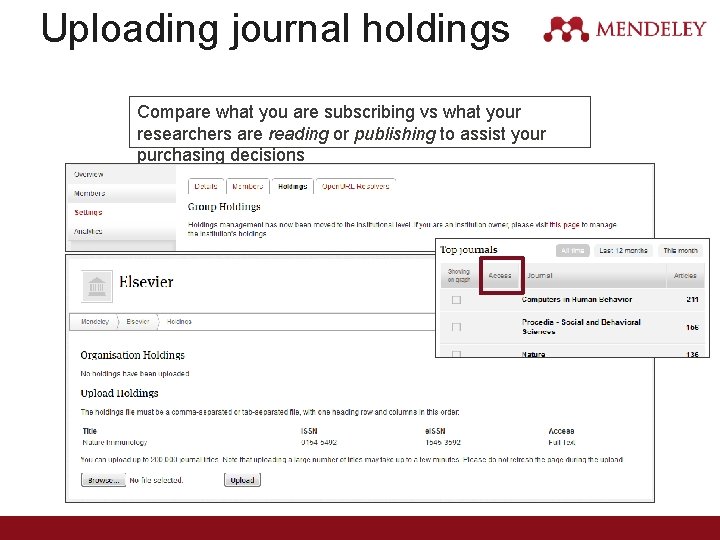 Uploading journal holdings Compare what you are subscribing vs what your researchers are reading