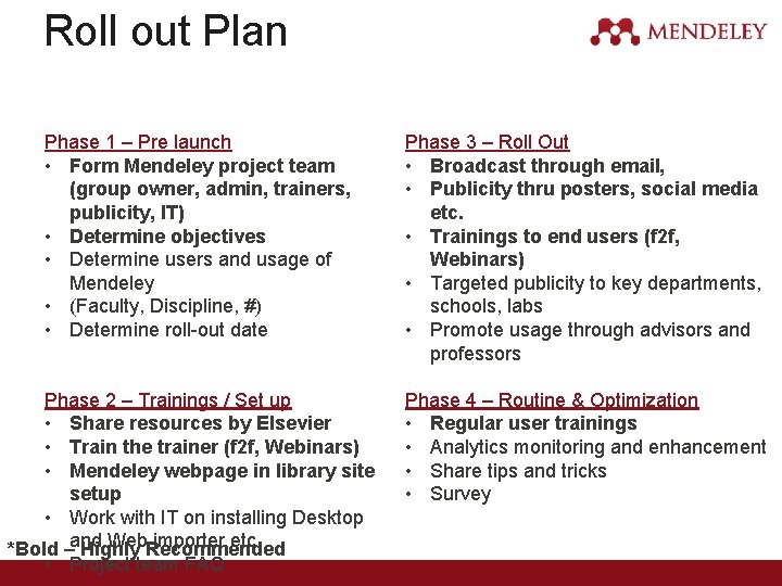 Roll out Plan Phase 1 – Pre launch • Form Mendeley project team (group