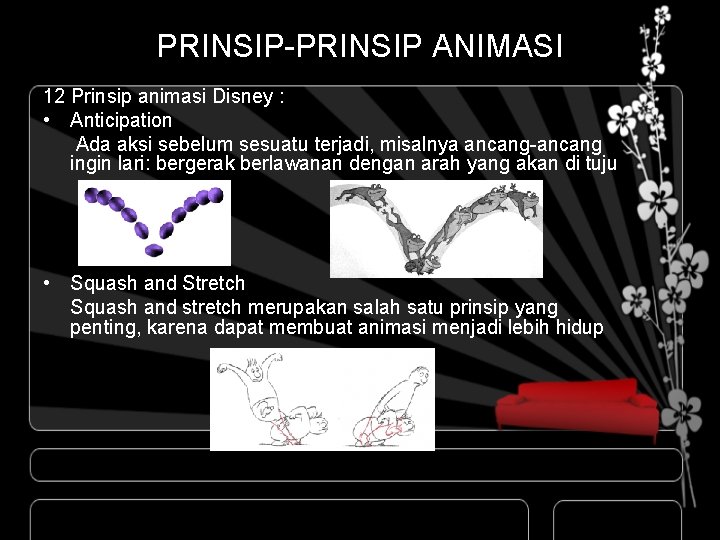 PRINSIP-PRINSIP ANIMASI 12 Prinsip animasi Disney : • Anticipation Ada aksi sebelum sesuatu terjadi,