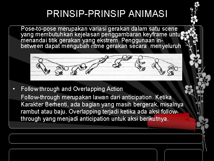 PRINSIP-PRINSIP ANIMASI Pose-to-pose merupakan variasi gerakan dalam satu scene yang membutuhkan kejelasan penggambaran keyframe