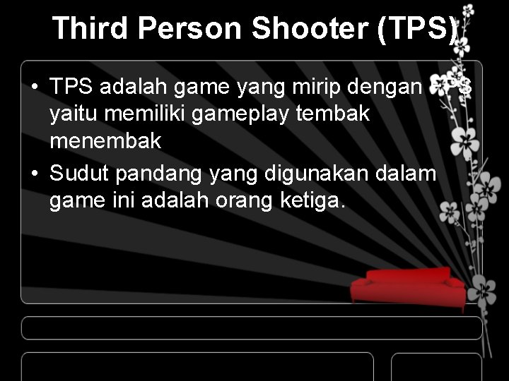 Third Person Shooter (TPS) • TPS adalah game yang mirip dengan FPS yaitu memiliki