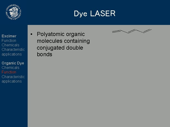 Dye LASER Excimer Function Chemicals Characteristic applications Organic Dye Chemicals Function Characteristic applications •