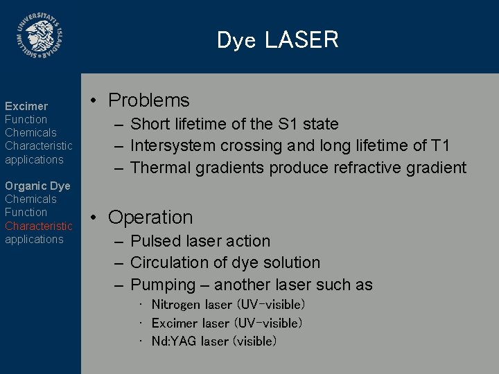 Dye LASER Excimer Function Chemicals Characteristic applications Organic Dye Chemicals Function Characteristic applications •