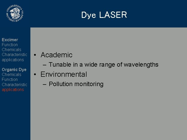 Dye LASER Excimer Function Chemicals Characteristic applications Organic Dye Chemicals Function Characteristic applications •