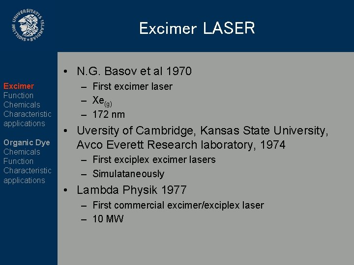 Excimer LASER • N. G. Basov et al 1970 Excimer Function Chemicals Characteristic applications