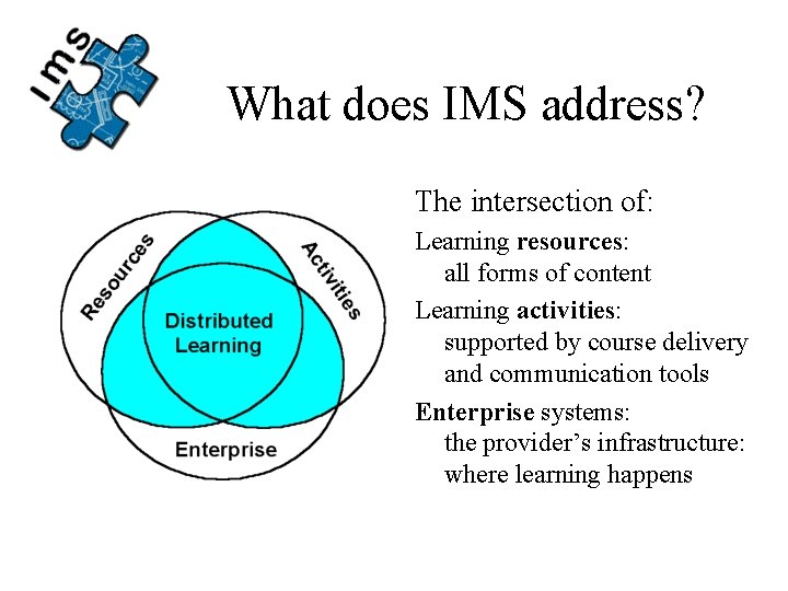 What does IMS address? The intersection of: Learning resources: all forms of content Learning