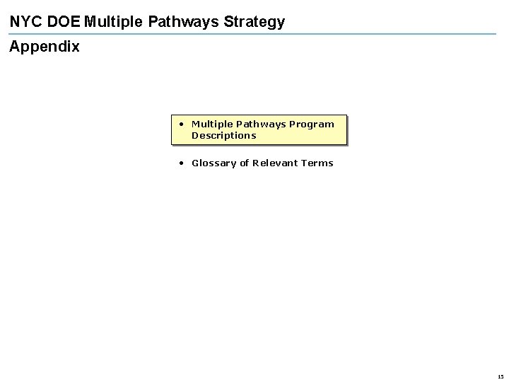 NYC DOE Multiple Pathways Strategy Appendix • Multiple Pathways Program Descriptions • Glossary of
