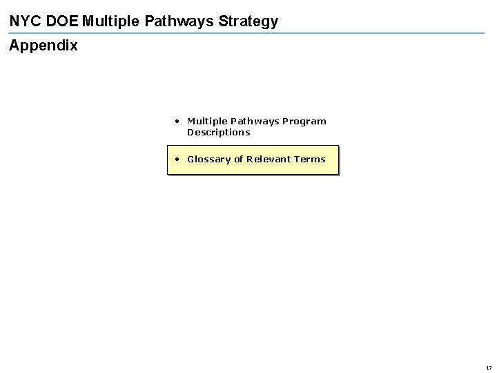 NYC DOE Multiple Pathways Strategy Appendix • Multiple Pathways Program Descriptions • Glossary of