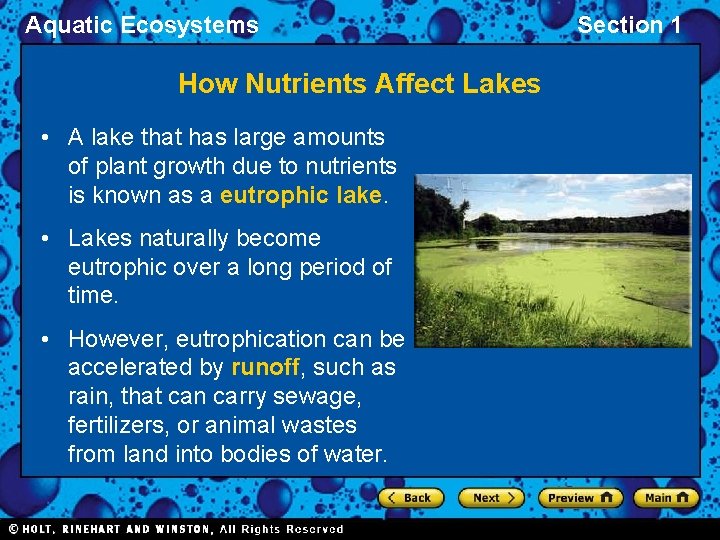 Aquatic Ecosystems How Nutrients Affect Lakes • A lake that has large amounts of