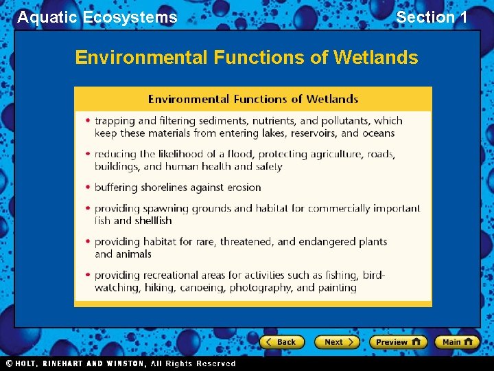 Aquatic Ecosystems Section 1 Environmental Functions of Wetlands 