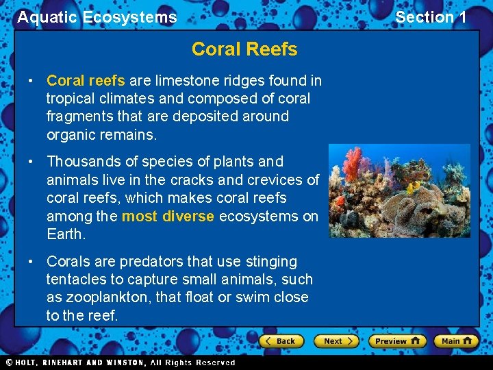 Aquatic Ecosystems Section 1 Coral Reefs • Coral reefs are limestone ridges found in