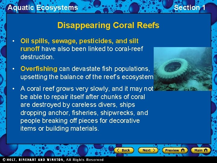 Aquatic Ecosystems Disappearing Coral Reefs • Oil spills, sewage, pesticides, and silt runoff have