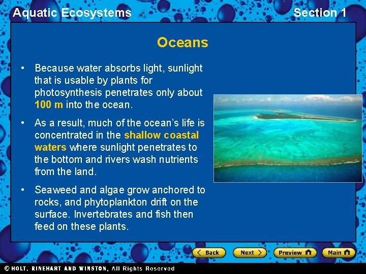 Aquatic Ecosystems Section 1 Oceans • Because water absorbs light, sunlight that is usable