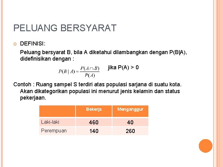 PELUANG BERSYARAT DEFINISI: Peluang bersyarat B, bila A diketahui dilambangkan dengan P(B|A), didefinisikan dengan