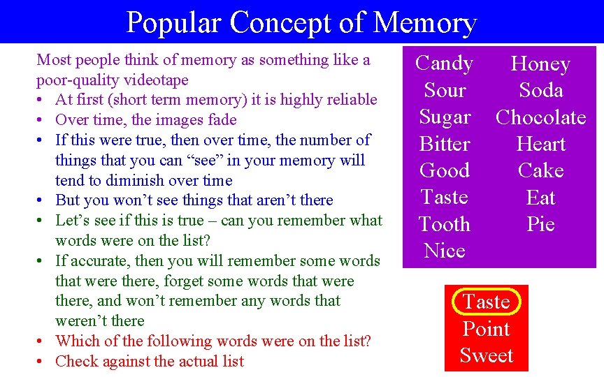 Popular Concept of Memory Most people think of memory as something like a poor-quality