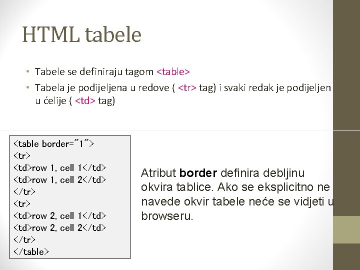 HTML tabele • Tabele se definiraju tagom <table> • Tabela je podijeljena u redove