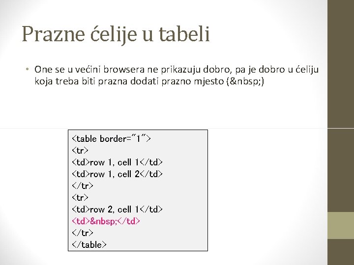 Prazne ćelije u tabeli • One se u većini browsera ne prikazuju dobro, pa