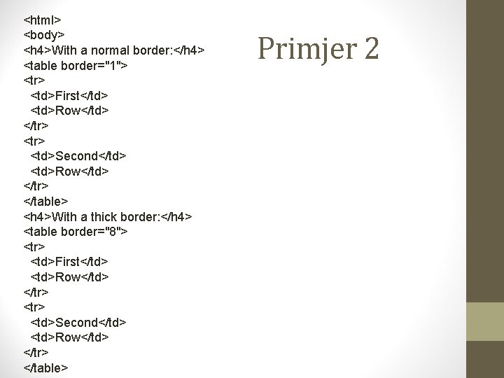 <html> <body> <h 4>With a normal border: </h 4> <table border="1"> <tr> <td>First</td> <td>Row</td>