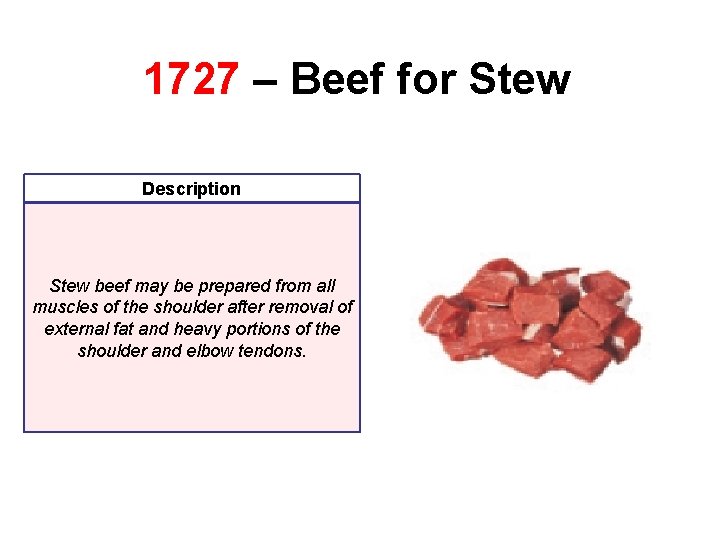 1727 – Beef for Stew Description Stew beef may be prepared from all muscles 1727 – Beef for Stew Description Stew beef may be prepared from all muscles