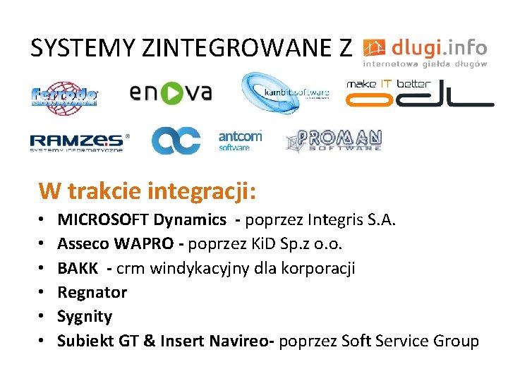 SYSTEMY ZINTEGROWANE Z W trakcie integracji: • • • MICROSOFT Dynamics - poprzez Integris SYSTEMY ZINTEGROWANE Z W trakcie integracji: • • • MICROSOFT Dynamics - poprzez Integris