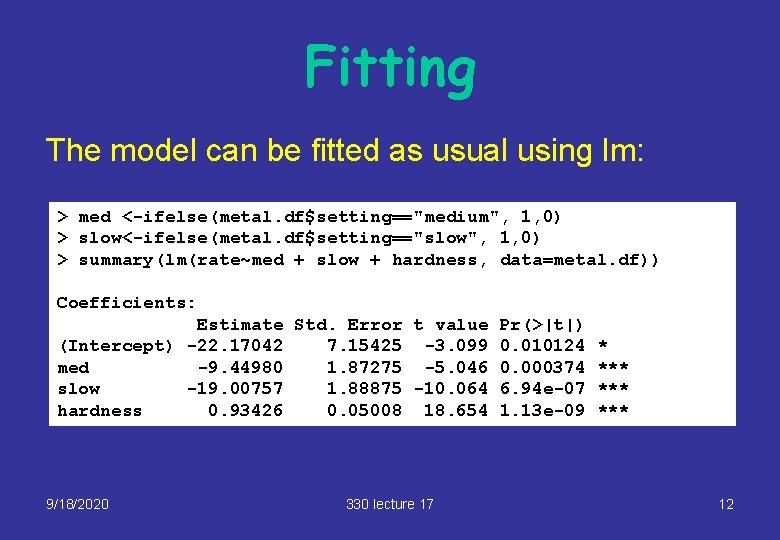 Fitting The model can be fitted as usual using lm: > med <-ifelse(metal. df$setting=="medium",