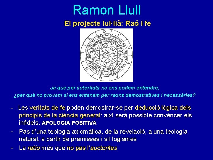 Ramon Llull El projecte lul·lià: Raó i fe Ja que per autoritats no ens