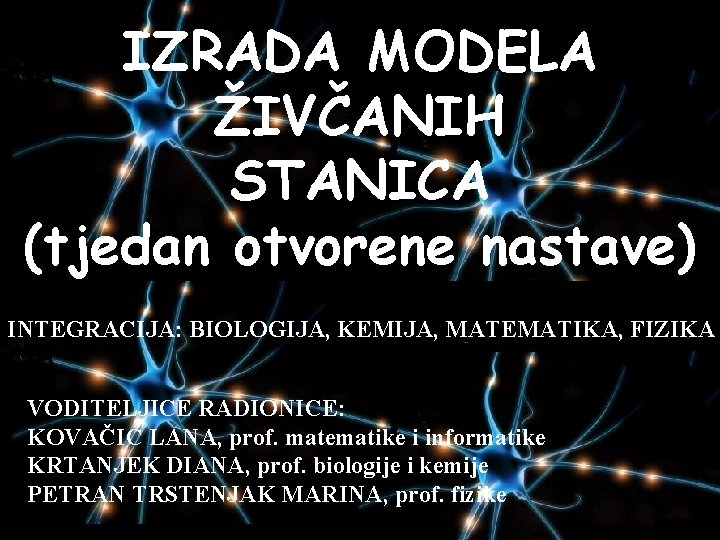 IZRADA MODELA ŽIVČANIH STANICA (tjedan otvorene nastave) INTEGRACIJA: BIOLOGIJA, KEMIJA, MATEMATIKA, FIZIKA VODITELJICE RADIONICE: