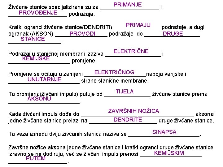 PRIMANJE Živčane stanice specijalizirane su za __________ i PROVOĐENJE __________ podražaja. PRIMAJU Kratki ogranci