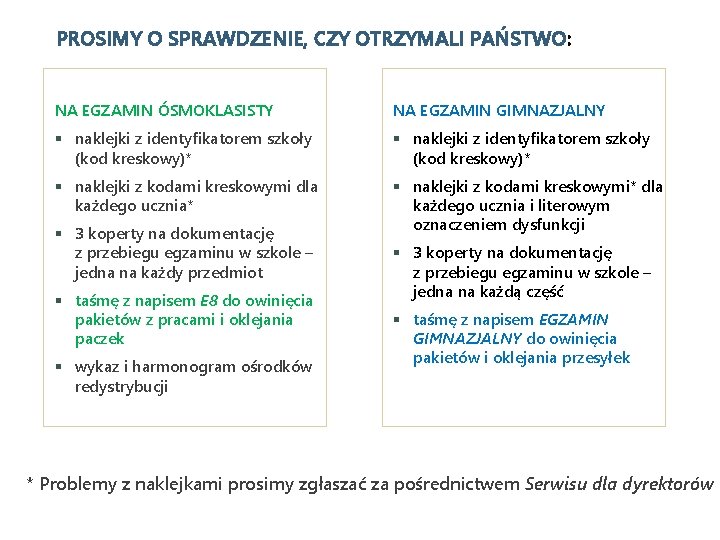 PROSIMY O SPRAWDZENIE, CZY OTRZYMALI PAŃSTWO: NA EGZAMIN ÓSMOKLASISTY NA EGZAMIN GIMNAZJALNY § naklejki