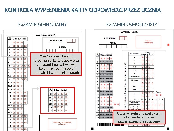 KONTROLA WYPEŁNIENIA KARTY ODPOWIEDZI PRZEZ UCZNIA EGZAMIN GIMNAZJALNY EGZAMIN ÓSMOKLASISTY Część uczniów kończy wypełnianie