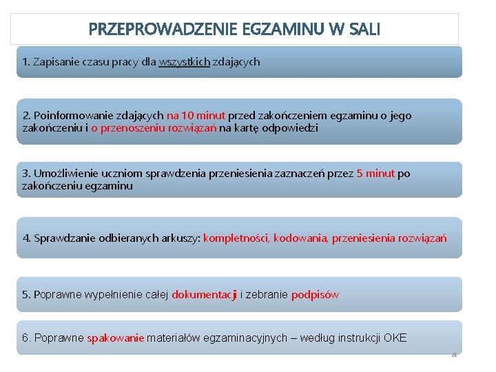 PRZEPROWADZENIE EGZAMINU W SALI 1. Zapisanie czasu pracy dla wszystkich zdających 2. Poinformowanie zdających