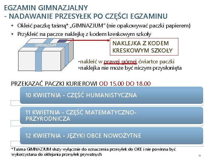 EGZAMIN GIMNAZJALNY - NADAWANIE PRZESYŁEK PO CZĘŚCI EGZAMINU § Okleić paczkę taśmą* „GIMNAZJUM” (nie