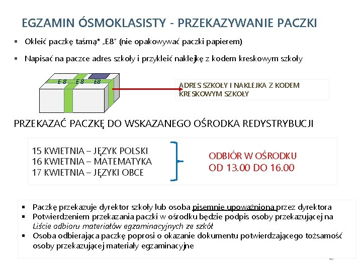 EGZAMIN ÓSMOKLASISTY - PRZEKAZYWANIE PACZKI § Okleić paczkę taśmą* „E 8” (nie opakowywać paczki