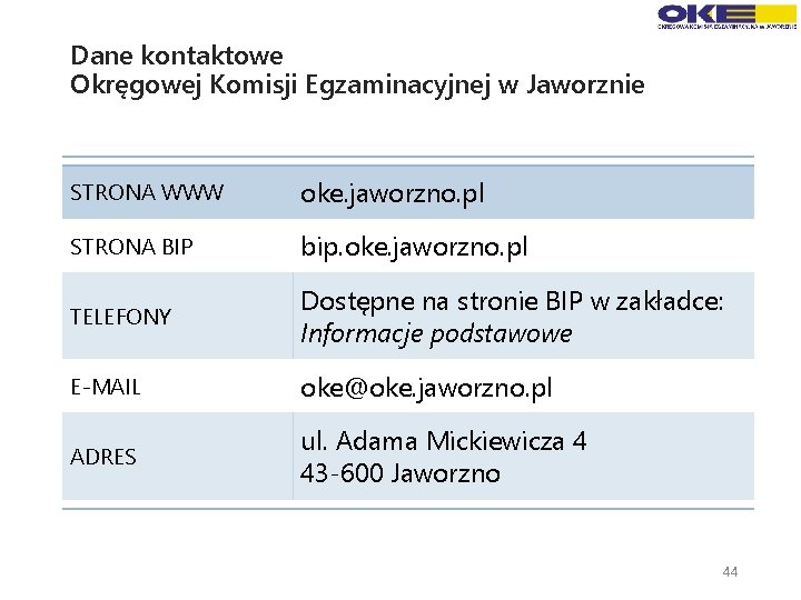 Dane kontaktowe Okręgowej Komisji Egzaminacyjnej w Jaworznie STRONA WWW oke. jaworzno. pl STRONA BIP