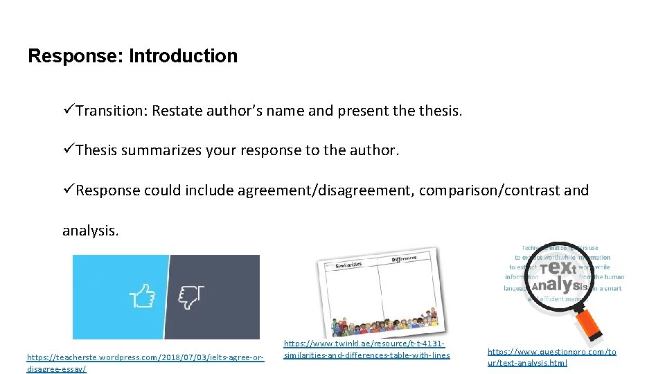 Response: Introduction üTransition: Restate author’s name and present thesis. üThesis summarizes your response to