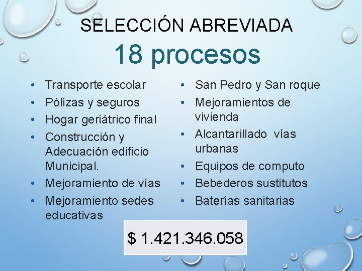 SELECCIÓN ABREVIADA 18 procesos • • Transporte escolar Pólizas y seguros Hogar geriátrico final