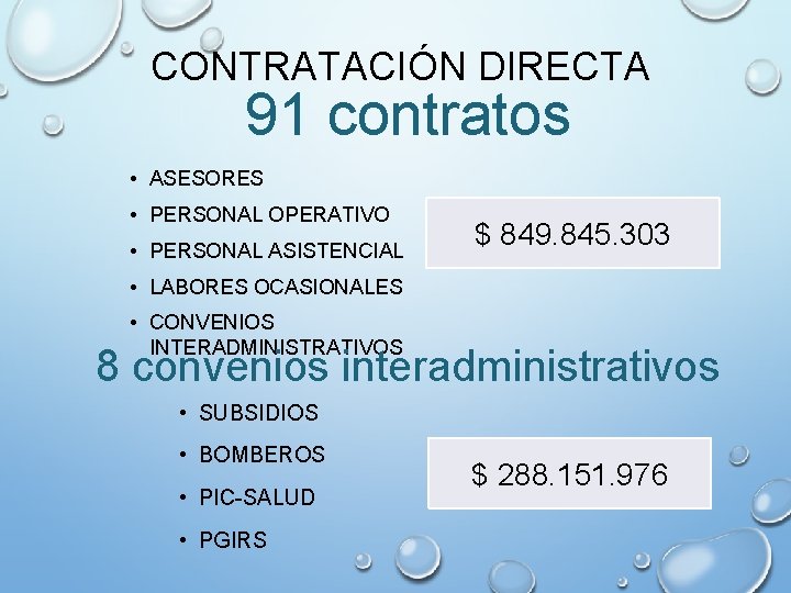 CONTRATACIÓN DIRECTA 91 contratos • ASESORES • PERSONAL OPERATIVO • PERSONAL ASISTENCIAL $ 849.