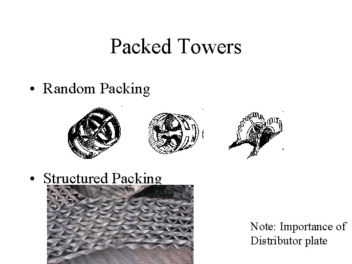 Packed Towers • Random Packing • Structured Packing Note: Importance of Distributor plate Packed Towers • Random Packing • Structured Packing Note: Importance of Distributor plate